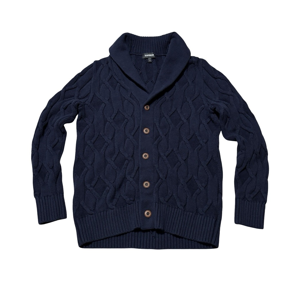 Express Men's Button Front Cable Knit Cardigan Sweater Navy Size Large 21 x 27